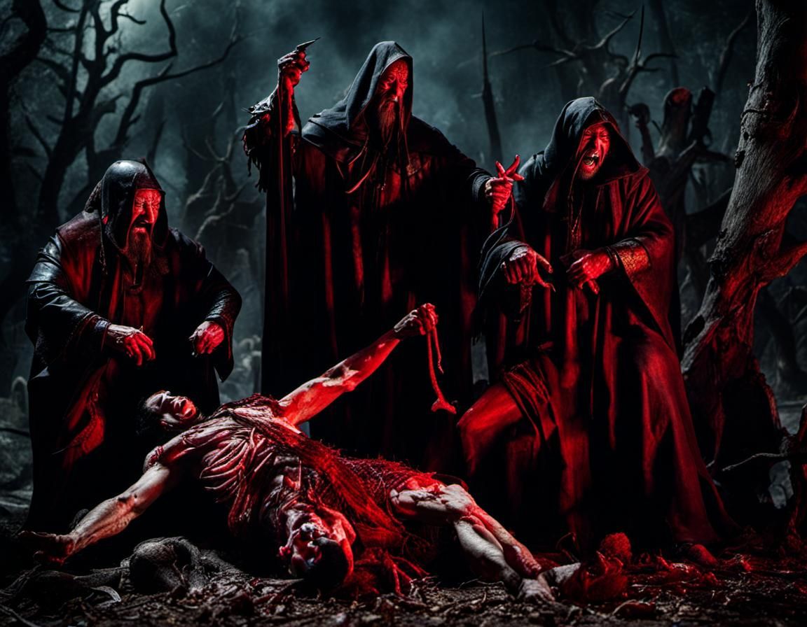 evil creatures profanating corpses' bloody hearts