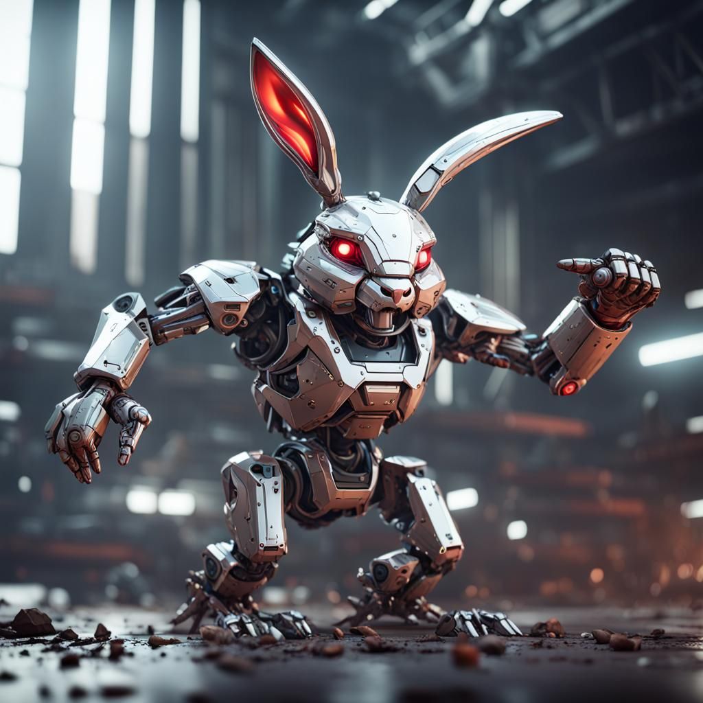 a angry robot rabbit holding up it's first as if to punch so...