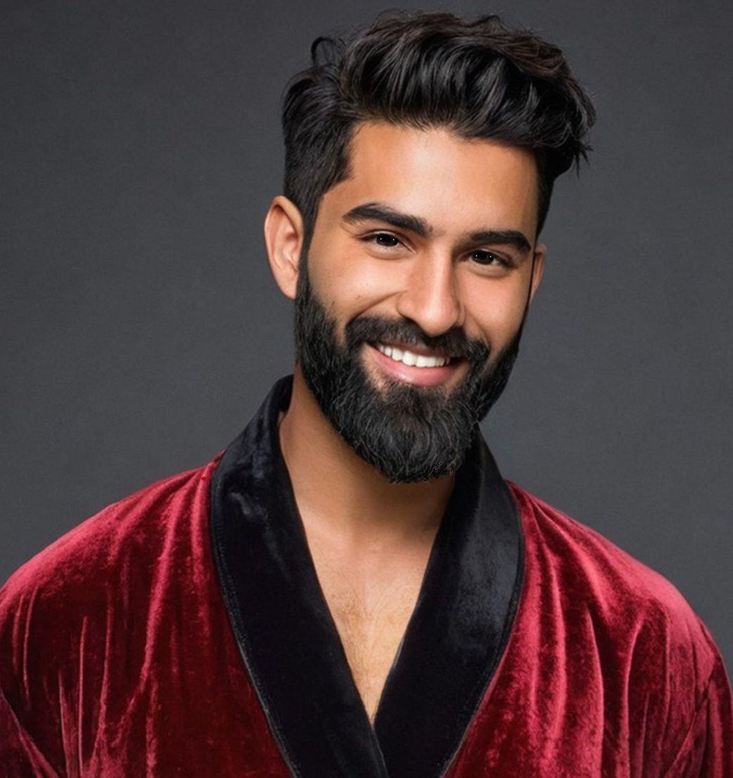 Fâtih, a handsome  man   with black  hair and  beard  wearin...