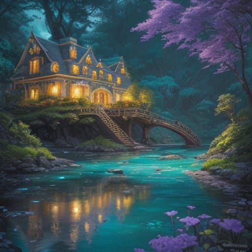 Knome hollow mansion beautiful magical hyper realistic breathtaking and colourful, close to magical river. Orphim art