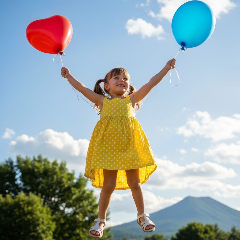 Girl Floats Skyward Holding Balloons on Sunny Day