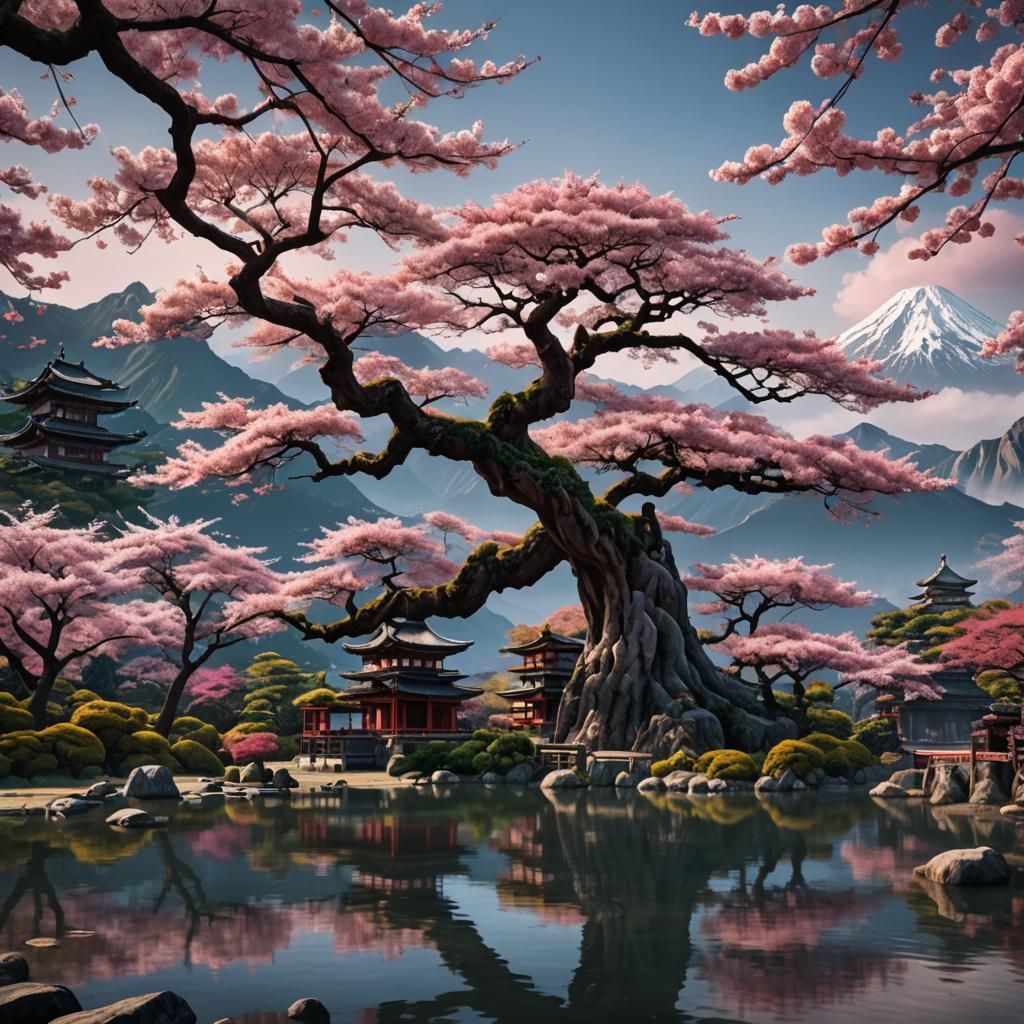 A beautiful ancient sakura tree in front of a lake. Mountain...