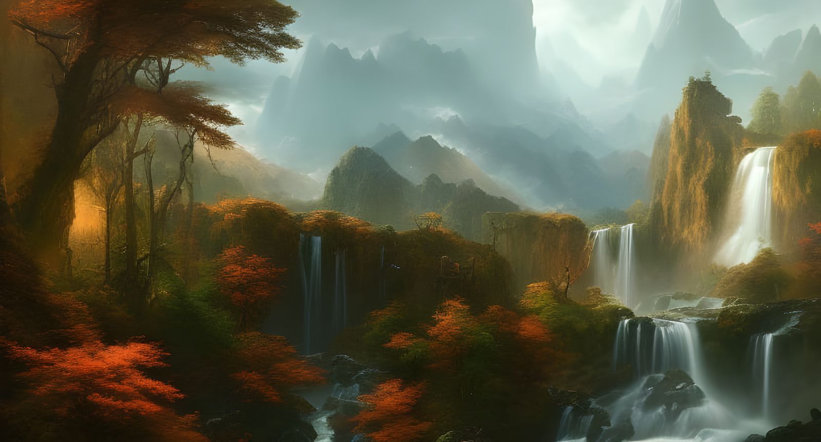 waterfall and mountains