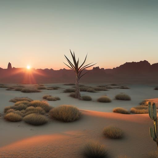 sunrise over desert with cactus and tumbleweeds