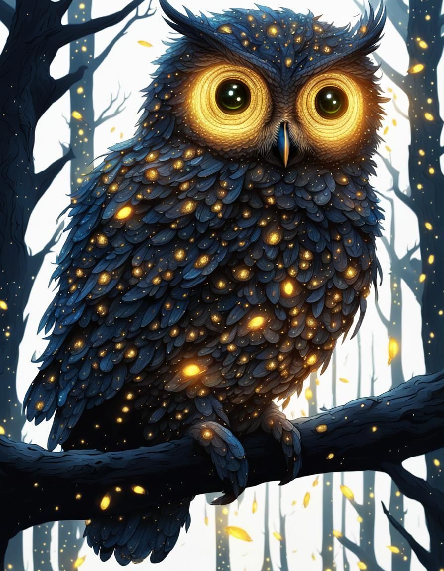 Firefly Owl in Dark Forest Night