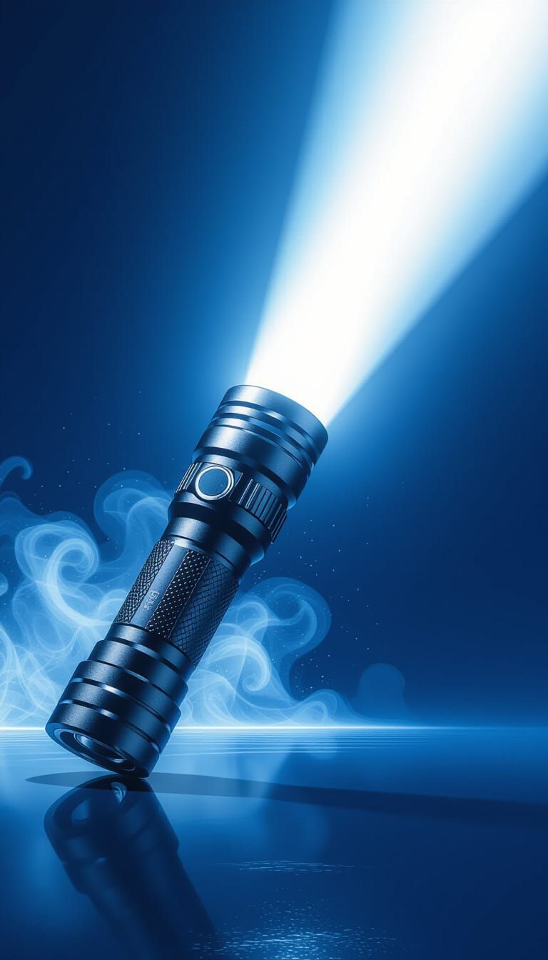 modern, high-end flashlight light beam
a bright blue minimalist background
