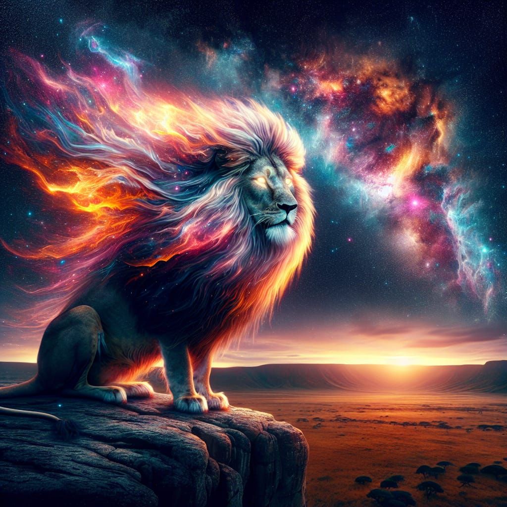 Create a majestic cosmic lion with a flowing fire mane and glowing gleam eyes, standing atop a rocky ...  by @Alex