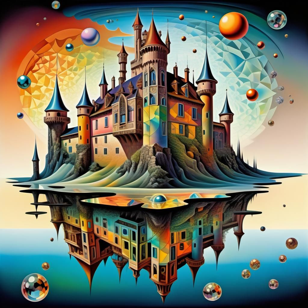 Surreal illustration of a collorfull castle floating in spac...