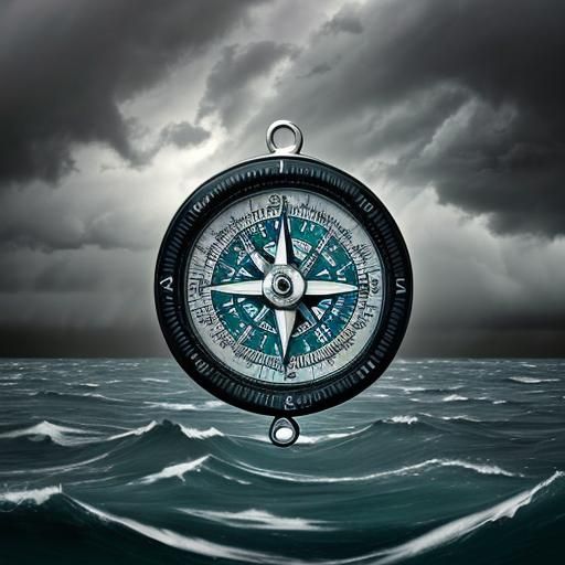  a navigational compass, positioned against a backdrop of turbulent waters and stormy skies