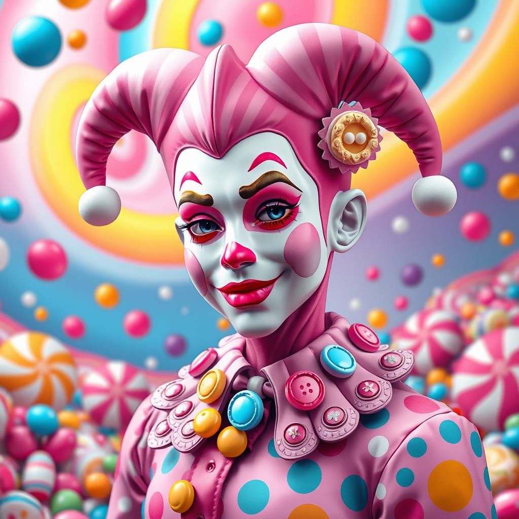 Whimsical Harlequin Portrait in Vibrant Candy Art Style