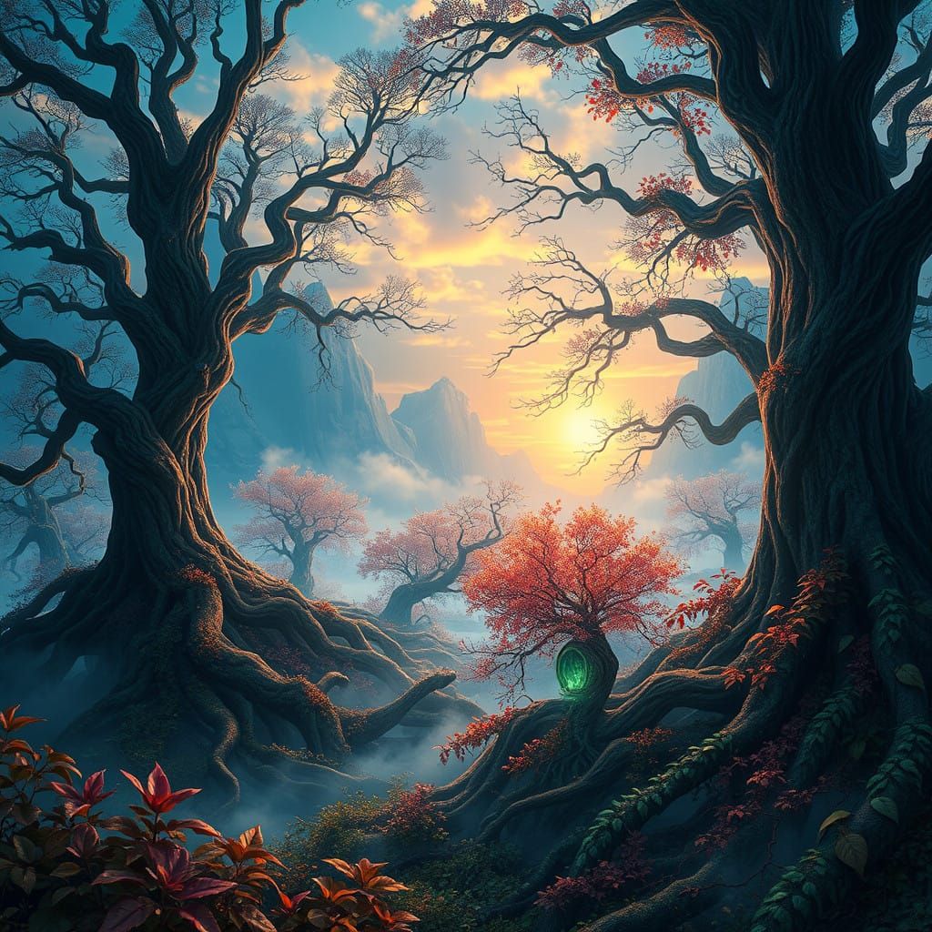 Dreamy Sapphire Landscape with Gnarled Trees and Iridescent...