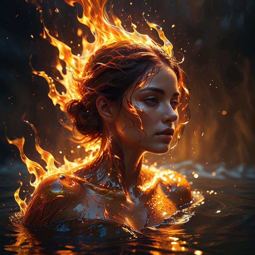 a body composed of flame emerging from or merging with water. Finally, a clearly visible reflection must mir...
