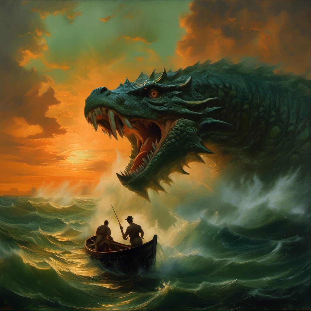 cinematic action academic art oil painting neoclassical; huge colossal horror sea monster mesosaurius head emerging from sea, in dark green...