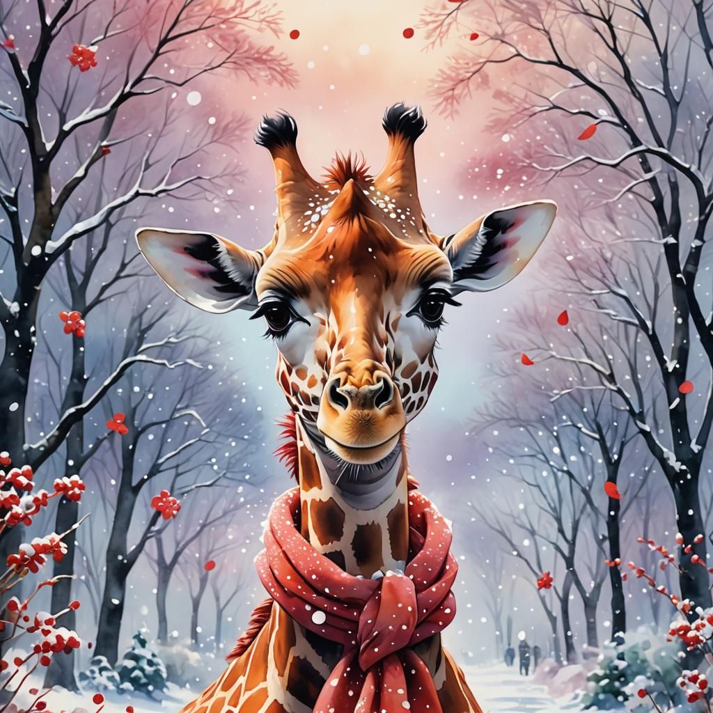 Eine süße Giraffen im Anime Stile mit einem dicken rotem Schal um den Hals und einer niedlichen gepunkteten ...  by @Miss Wunderlich