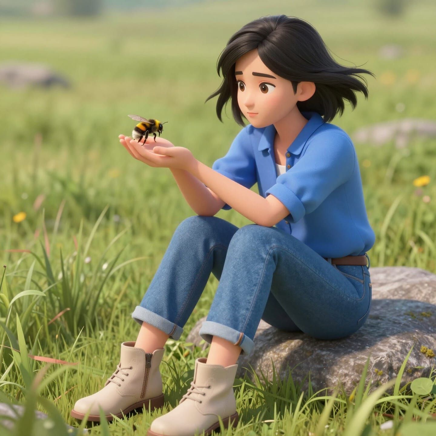 Thai Woman with Bumblebee in Dreamy Field