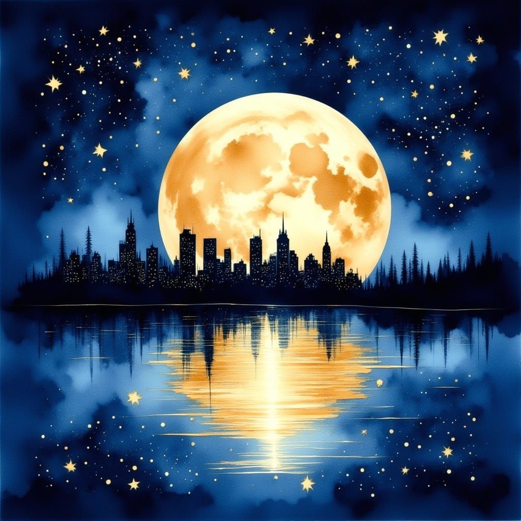 <lora:Cute Vintage flux:1.0> Inkdrip Watercolor and oilMidnight blue backdrop with gold silhouette of city skyline and rose gold full moon g...