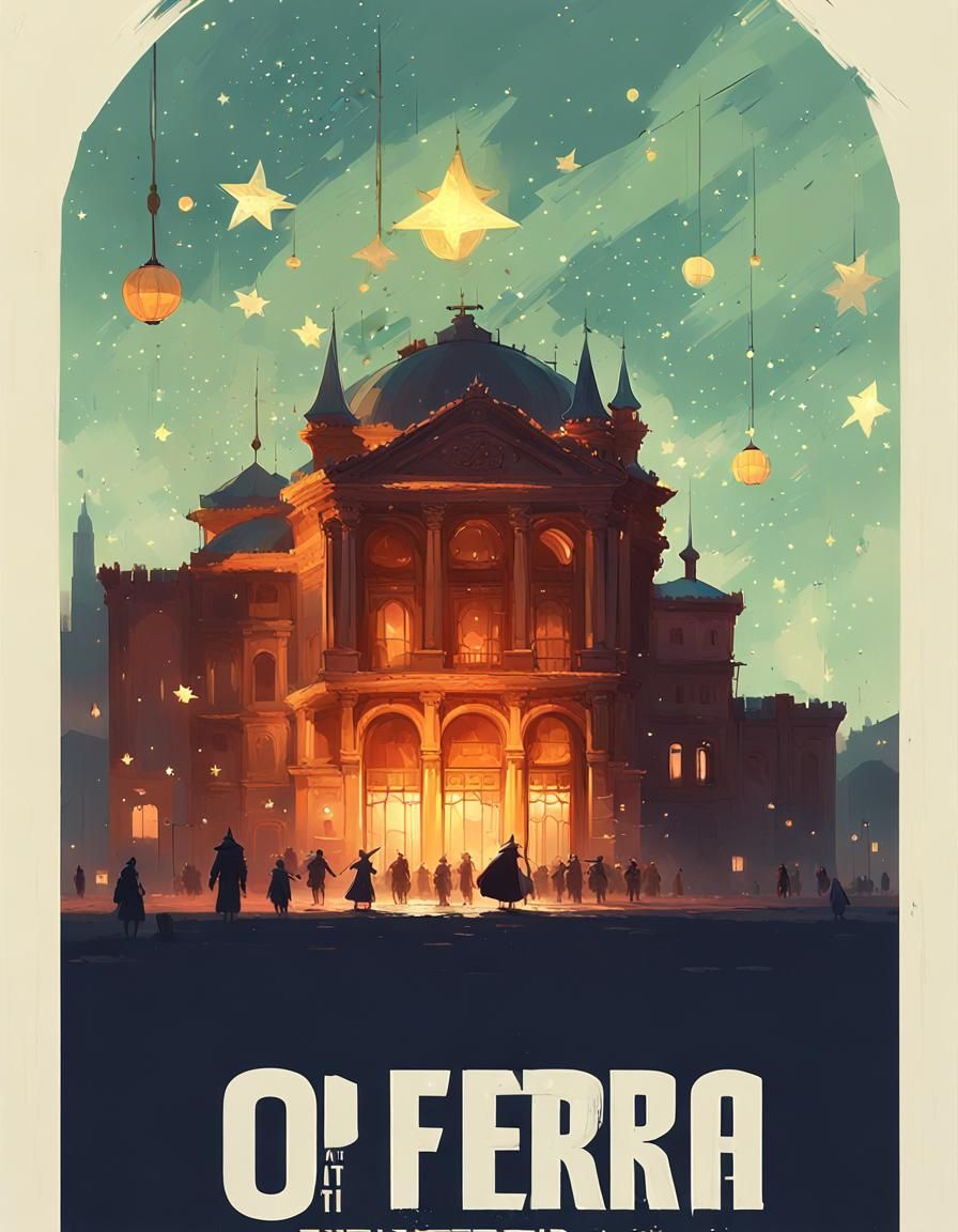 Travel poster opera theater at night, lots of bright shining...