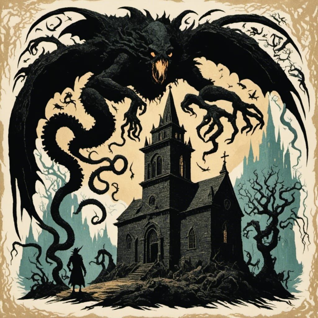 <lora:Fantasy Collage:1.0> <lora:Stone Age Silhouette:1.0> The silhouette of Cthulhu looming over a church
