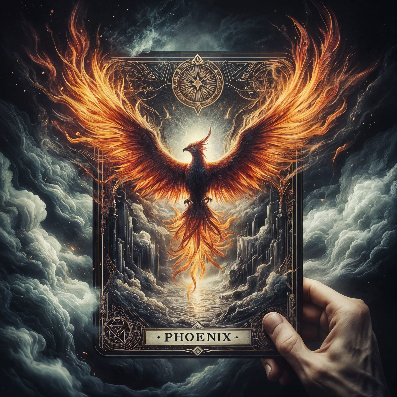 Macro shot of a phoenix rising from a tarot card surrounded ...