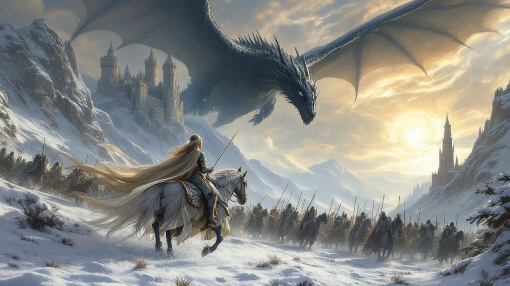 Digital art of a beautiful princess on a horse leading an army of armour covered knights on horses into ...  by @Summerchild