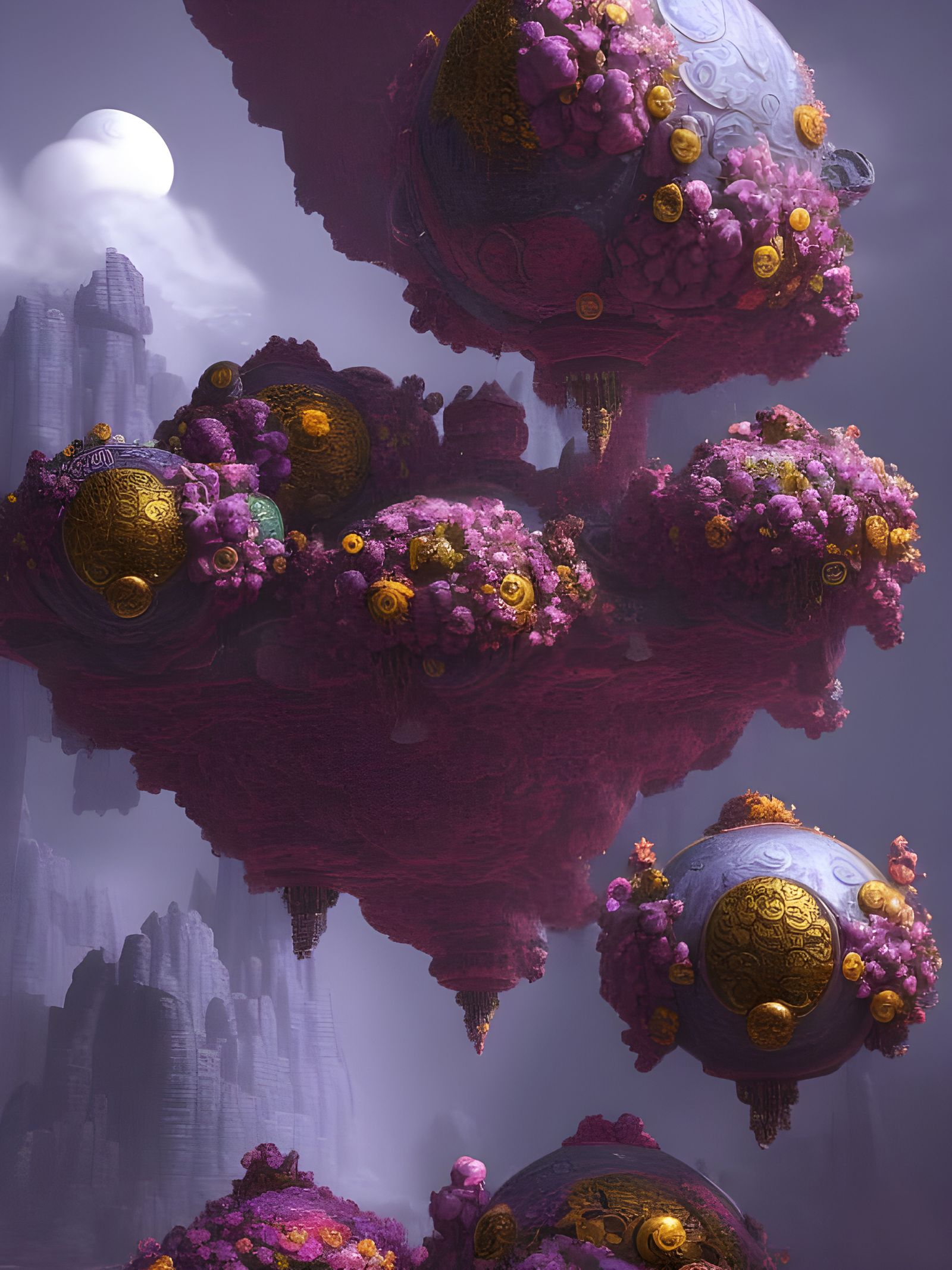 Surreal Temple with Flying Blossoms and Spheres