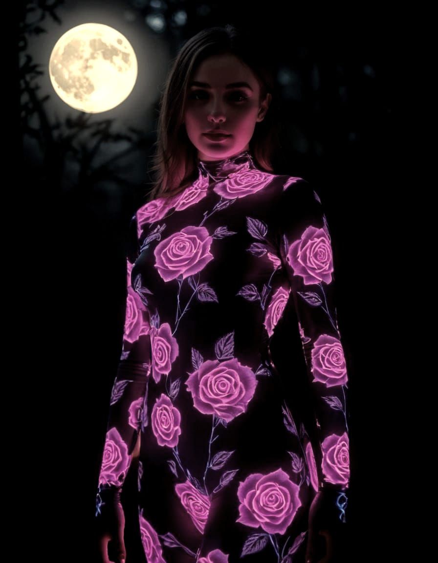 Woman wearing full body zentai bodysuit with realistic roses...