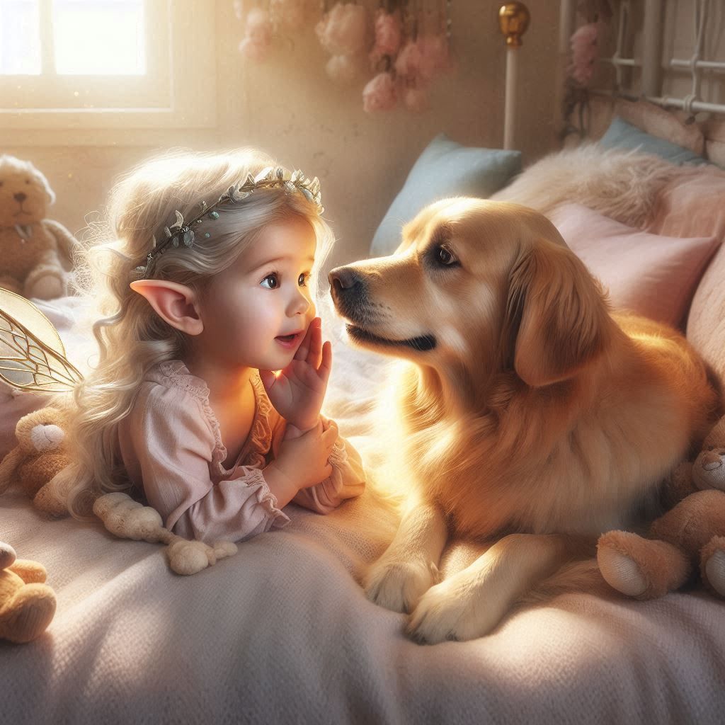 Elven toddler laying on her bed telling secrets to her  dog