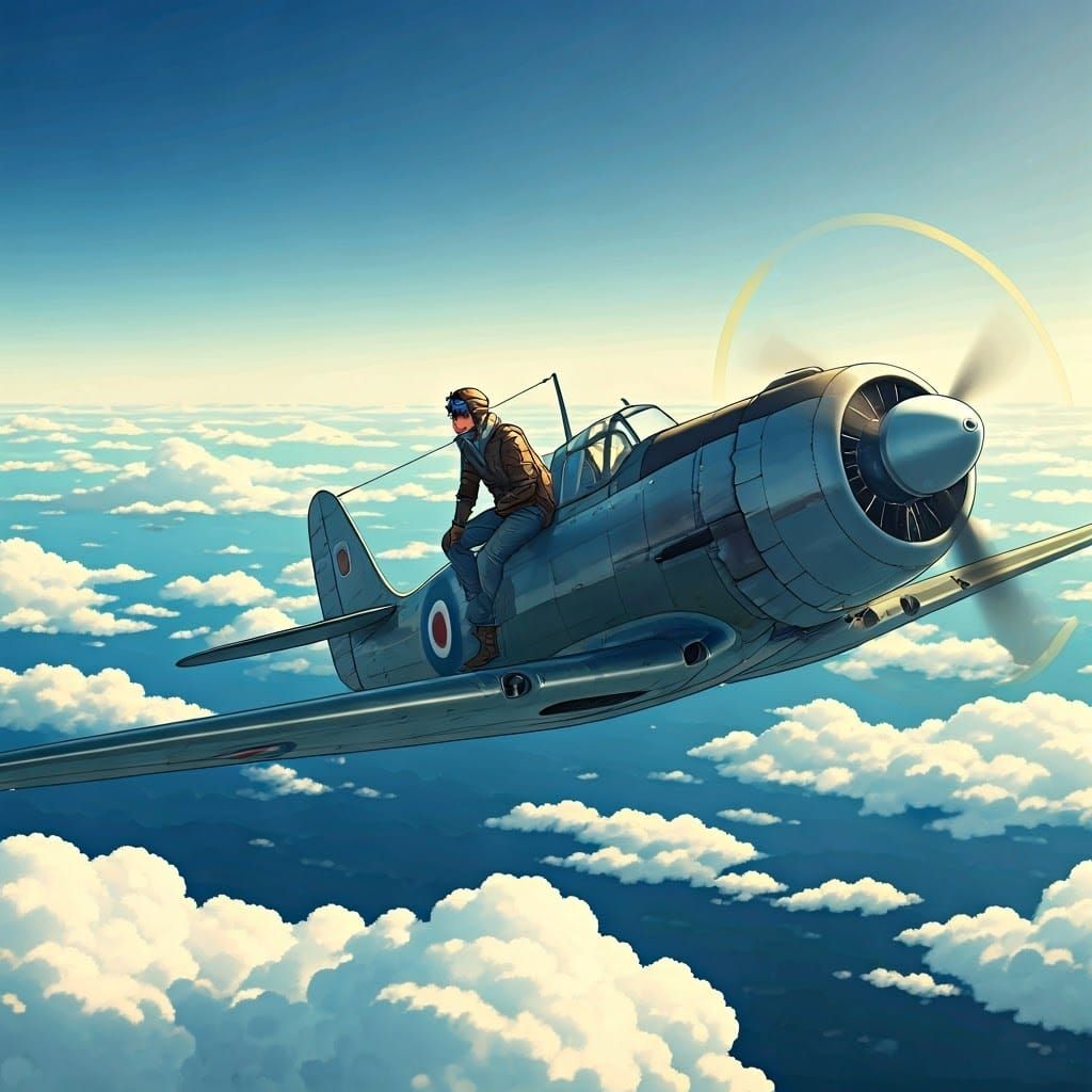 Vintage Pilot Soaring Through Anime Sky