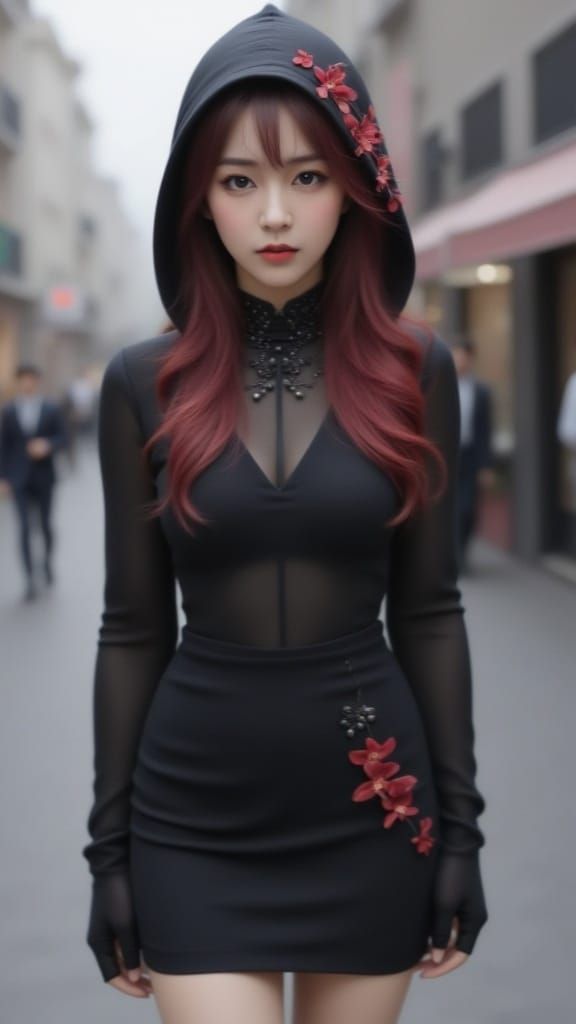 <lora:Hazy Portrait:1.0> Hazy photo. Full body of striking Cherry lady with crimson locks is adorned in a mysterious black hood embellished...