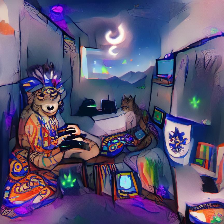 A young furry shaman on LSD alone in his room playing videog...
