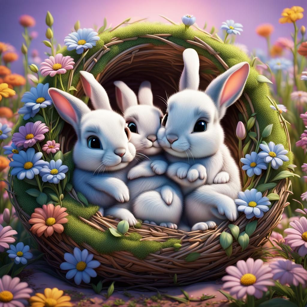 Baby rabbits curled up in their nest among the flowers - AI Generated ...