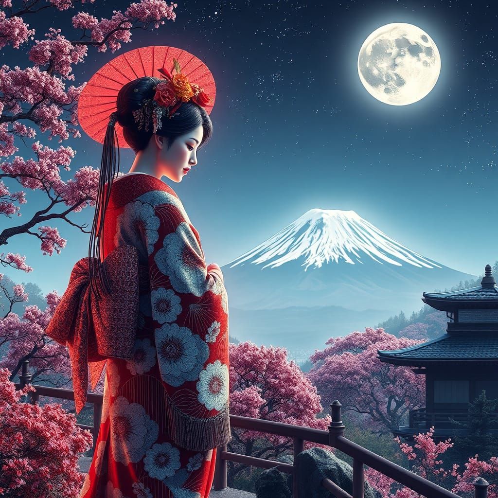 Japanese geisha with Mt. Fuji in the background