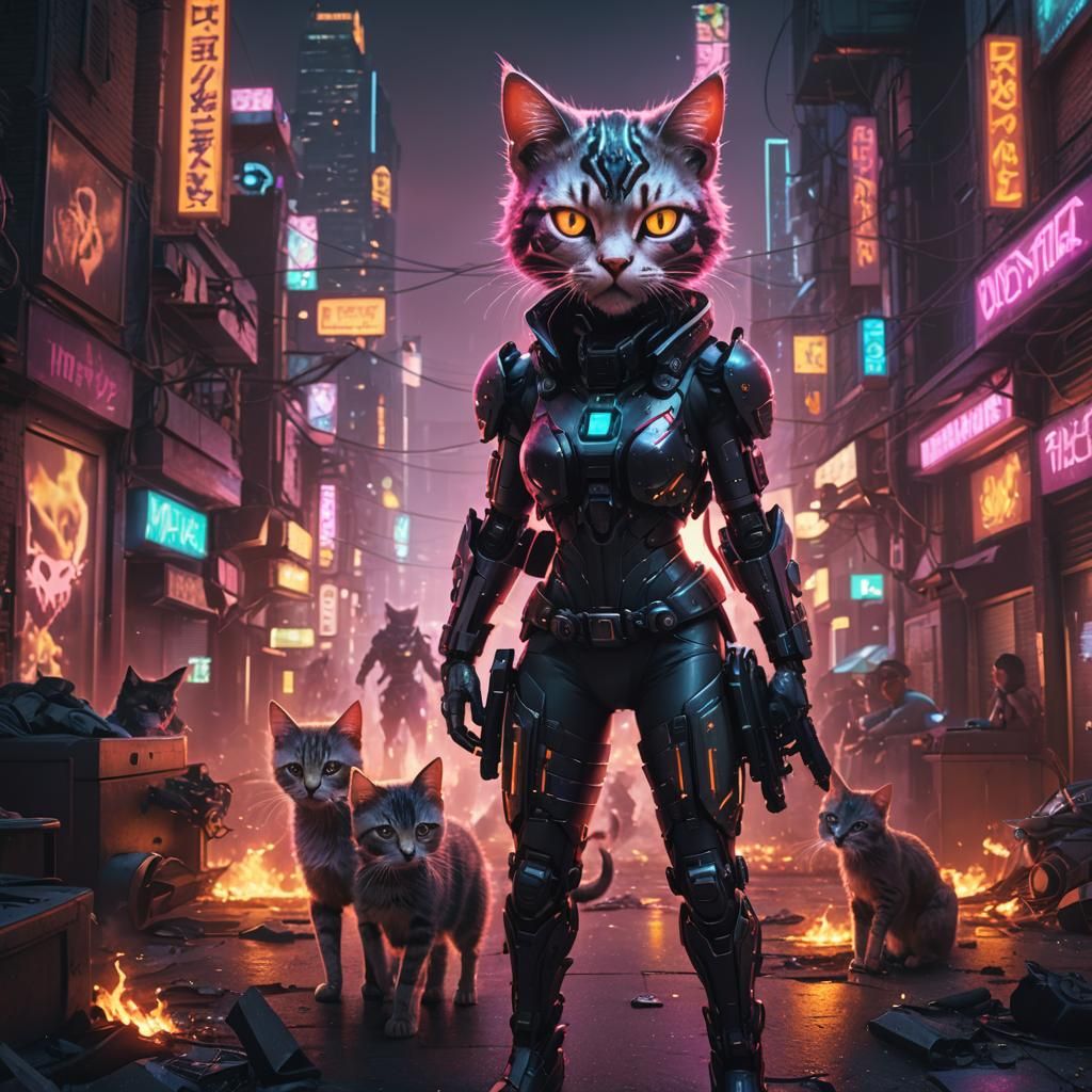 Glowing Neon Horror cyborg kittens guns fire human bodies ci...