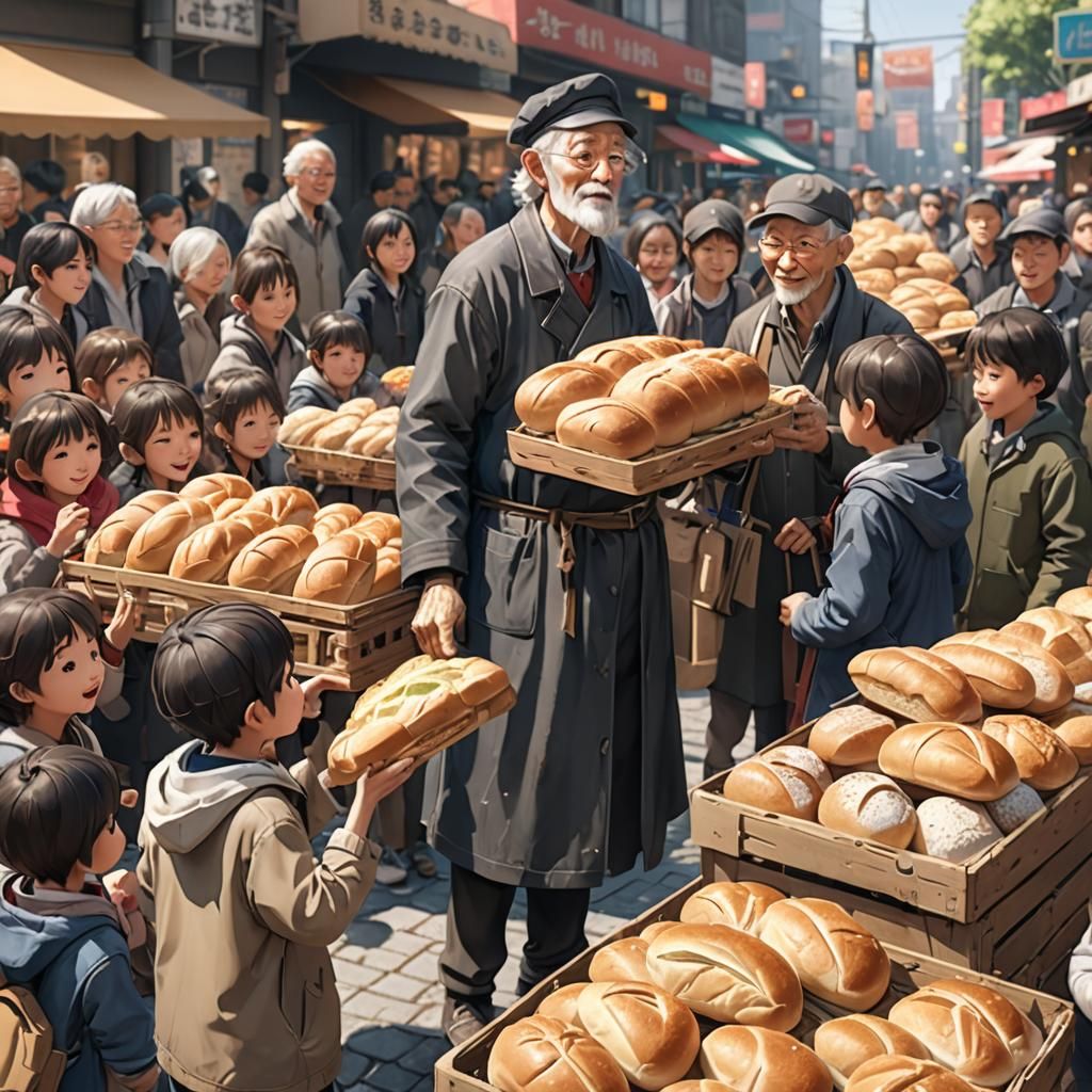 Old Man Shares Bread: 3D Anime Art