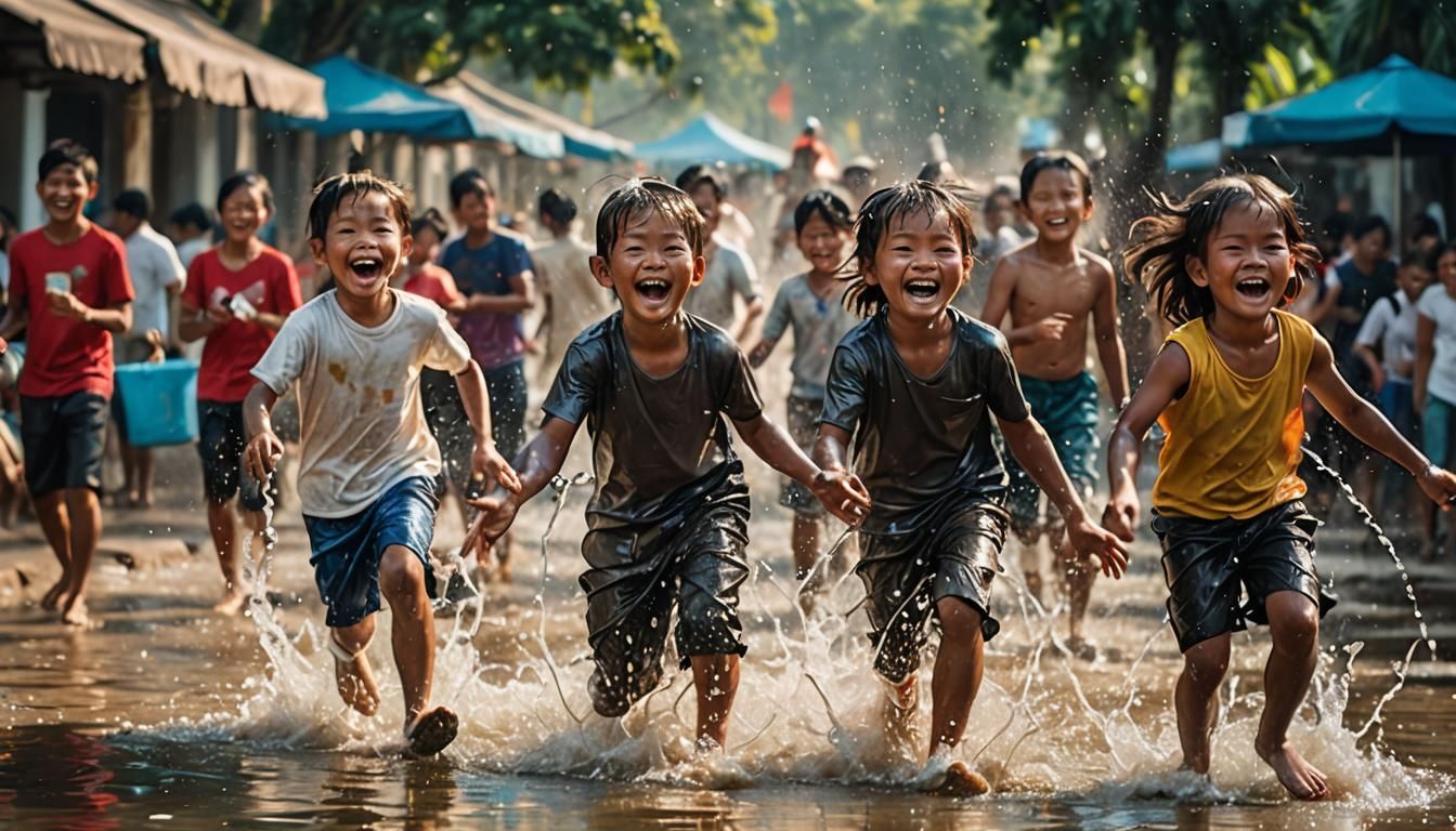 Cambodian children playing and laughing in the public water ...