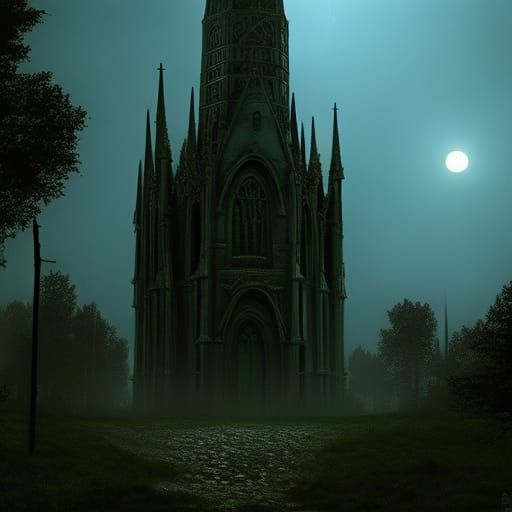 Church of Starry Wisdom in Arkham on a moonlit October night