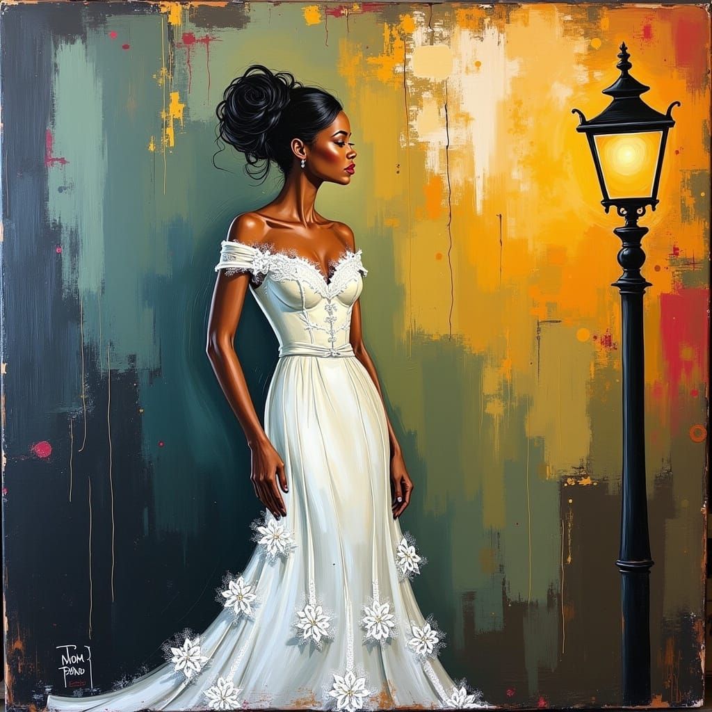 <lora:Modern Absrakt:0.5> a beautiful lady wearing an elegant white lace evening dress under a streetlamp, original modern abstract art pain...