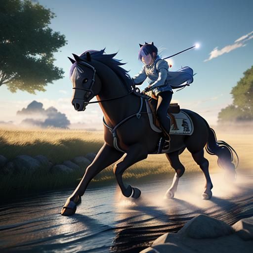 (anime horses:2) running wild  by a river under the sunlight