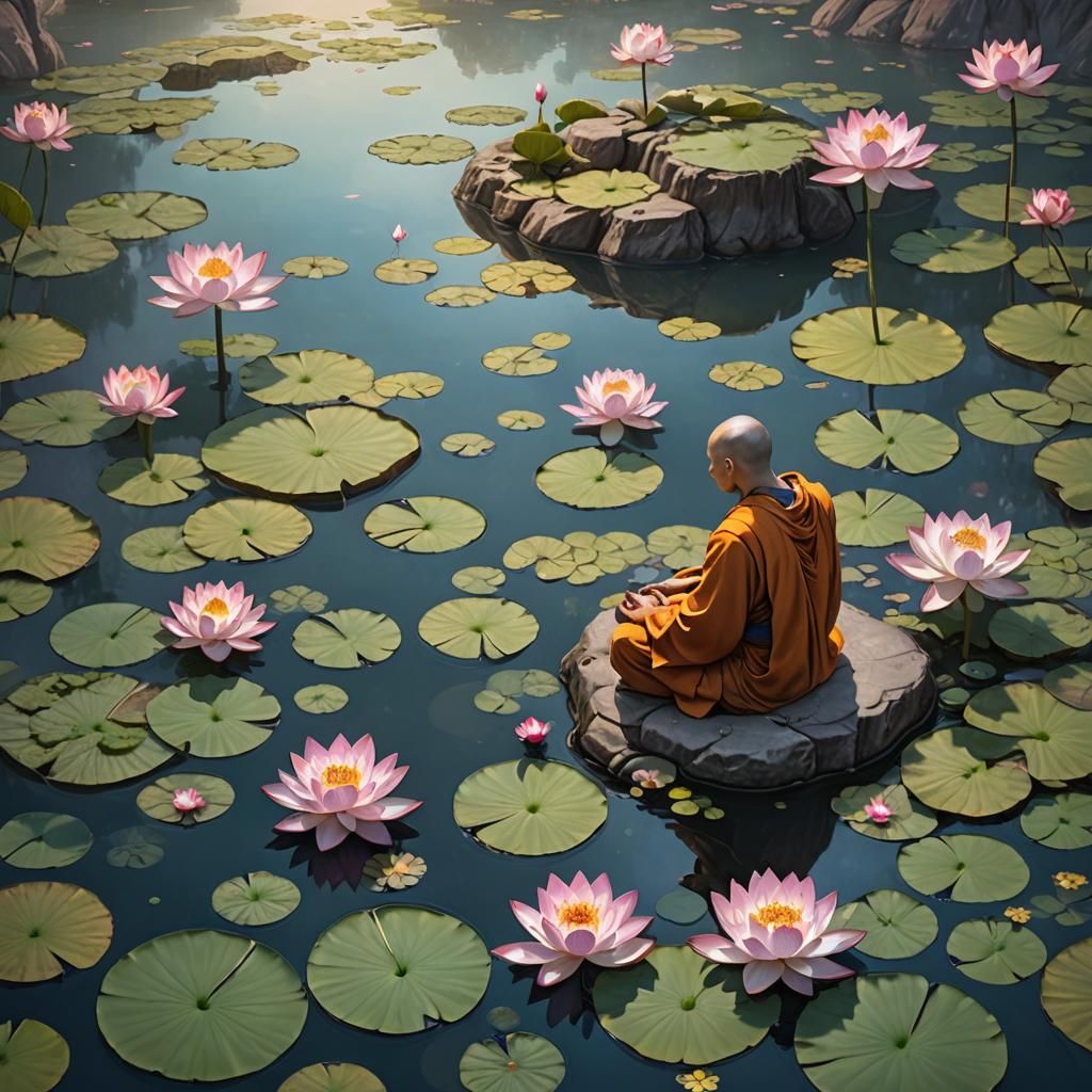 Serene Lotus Pond with a Meditating Monk
