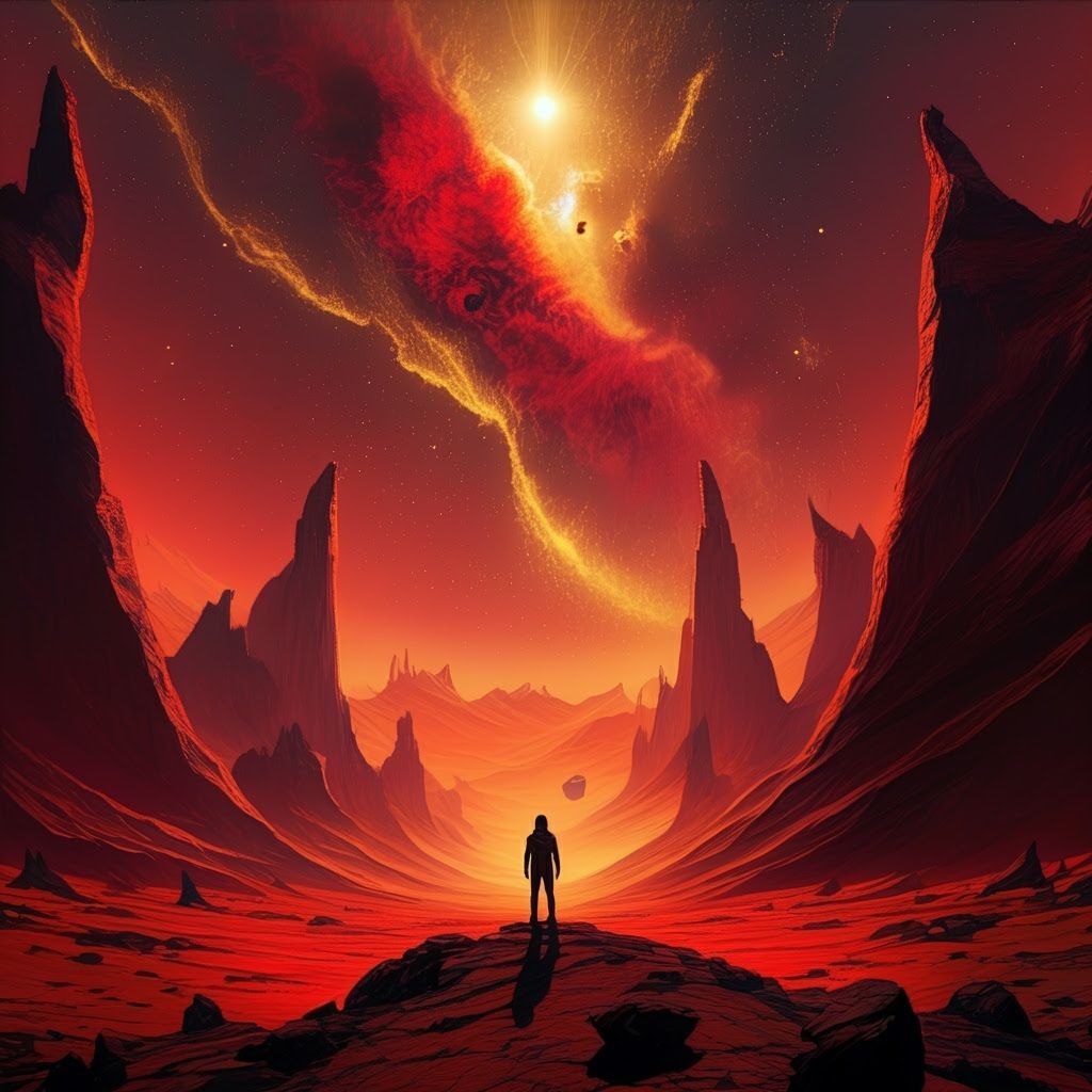 Crimson Planet Gazer in Epic Space Art Style
