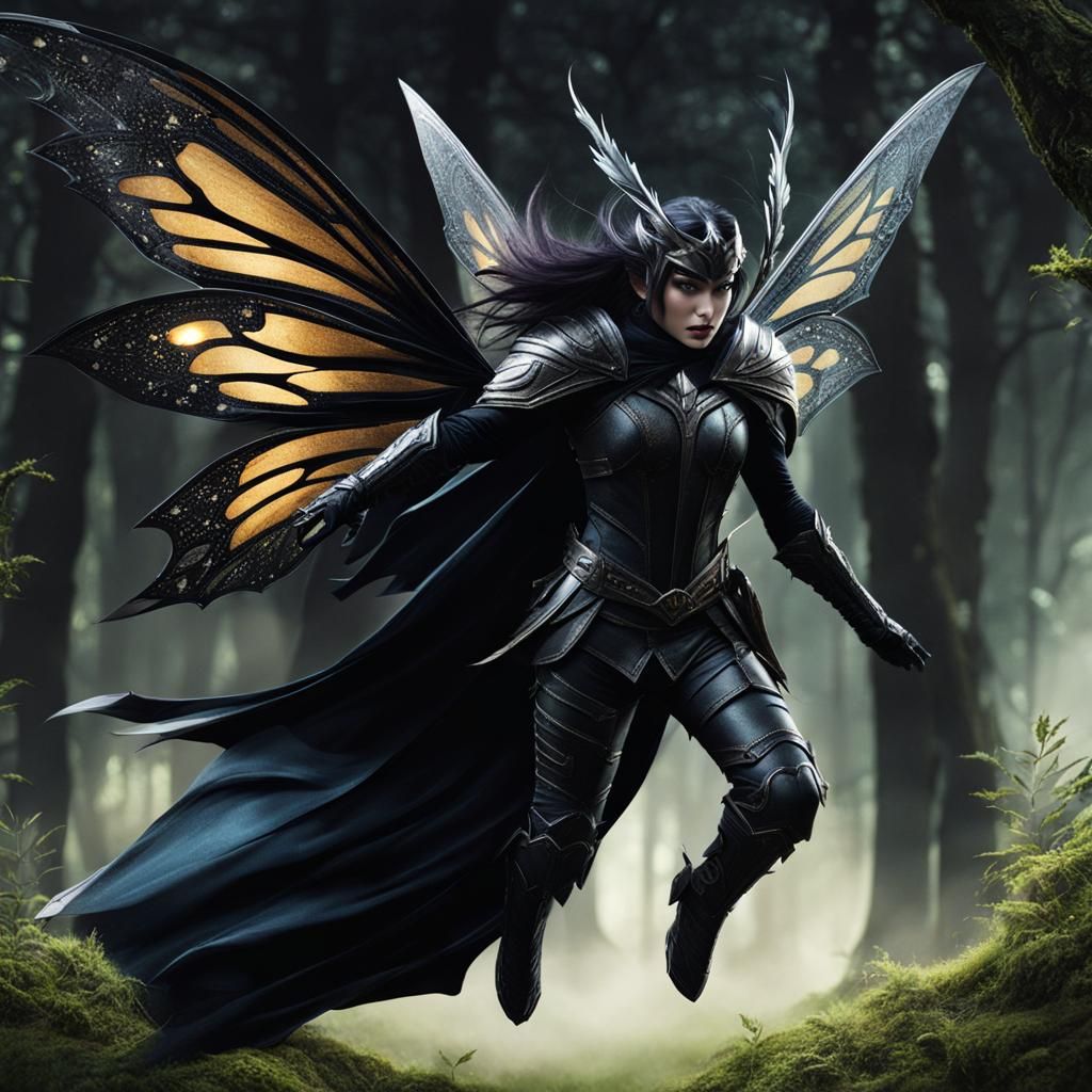 Dark fairy knight flying in a forest