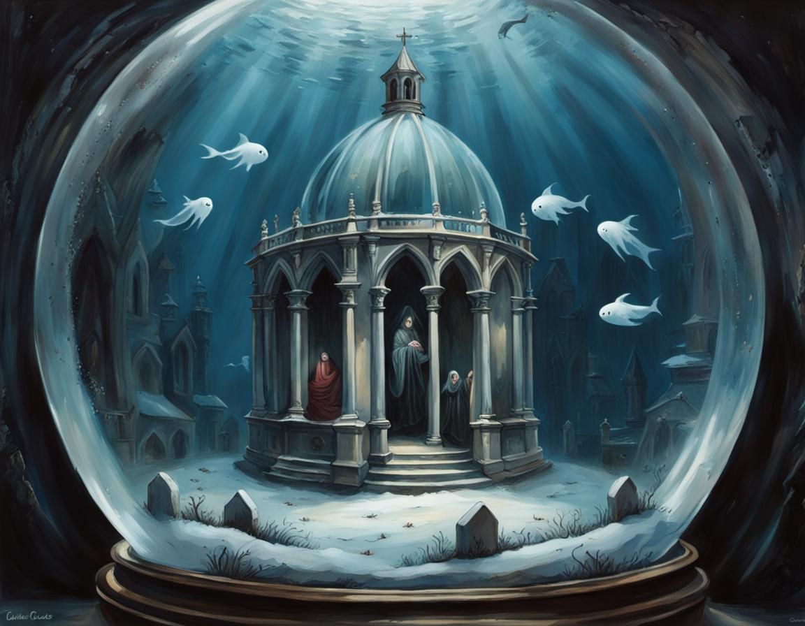 Inside a snow globe a Cynus Cuneo painting, Gothic churchyard with ...