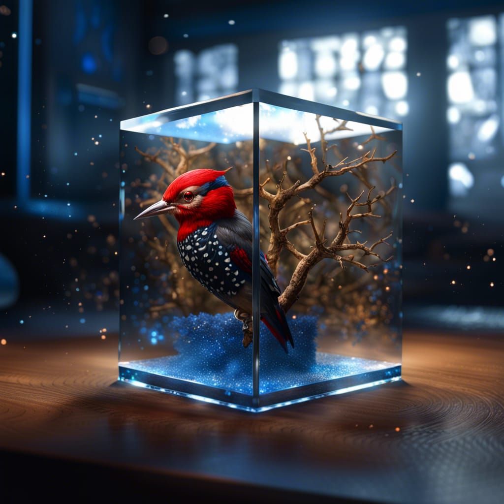 Woodpecker, preach tree enclosed in a glass cube