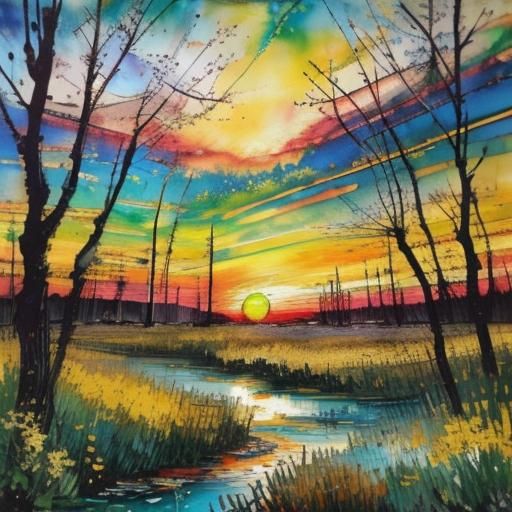 Encaustic spring landscape alcohol ink chaotic sunset spring...