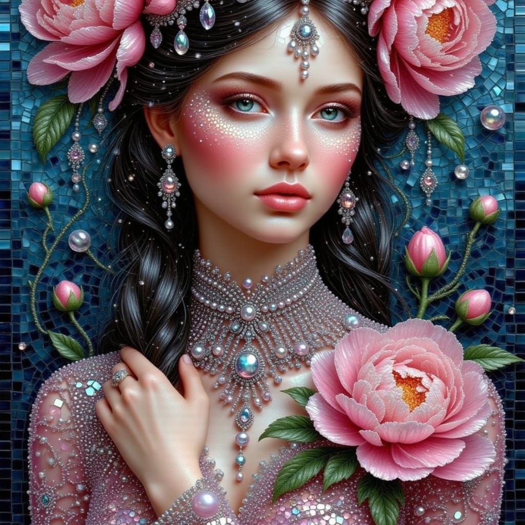<lora:MOSAIC PEARL GLITTER:1.0> A stunning, raven-haired woman with luminous alabaster skin and piercing emerald green eyes, adorned in an e...