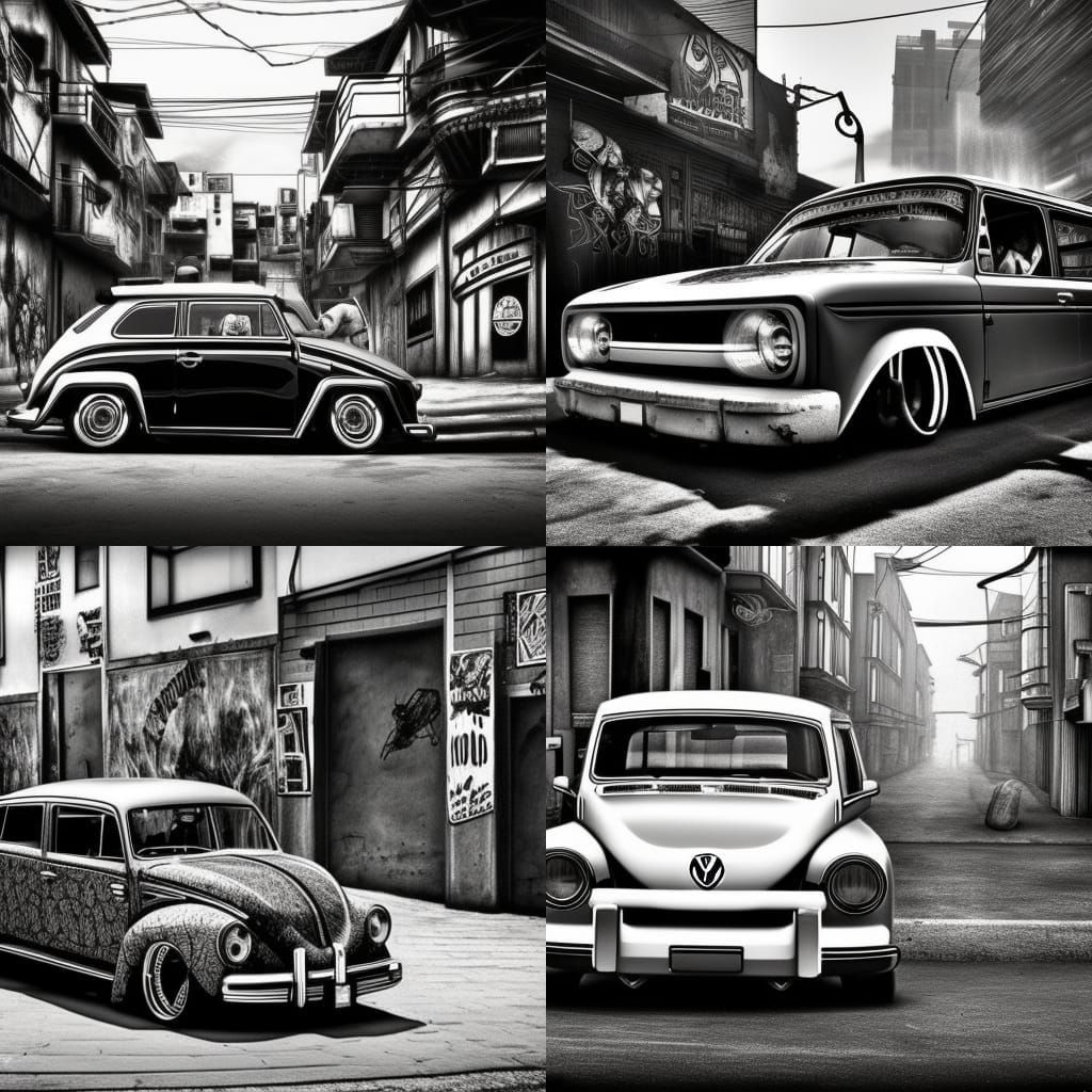 a epic lowrider vw bully in a retro ghetto street. black and...