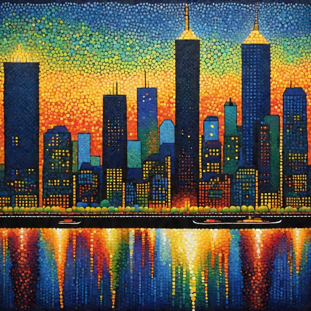 Vibrant, Pointillist-inspired portrait of a dynamic, urban cityscape ...