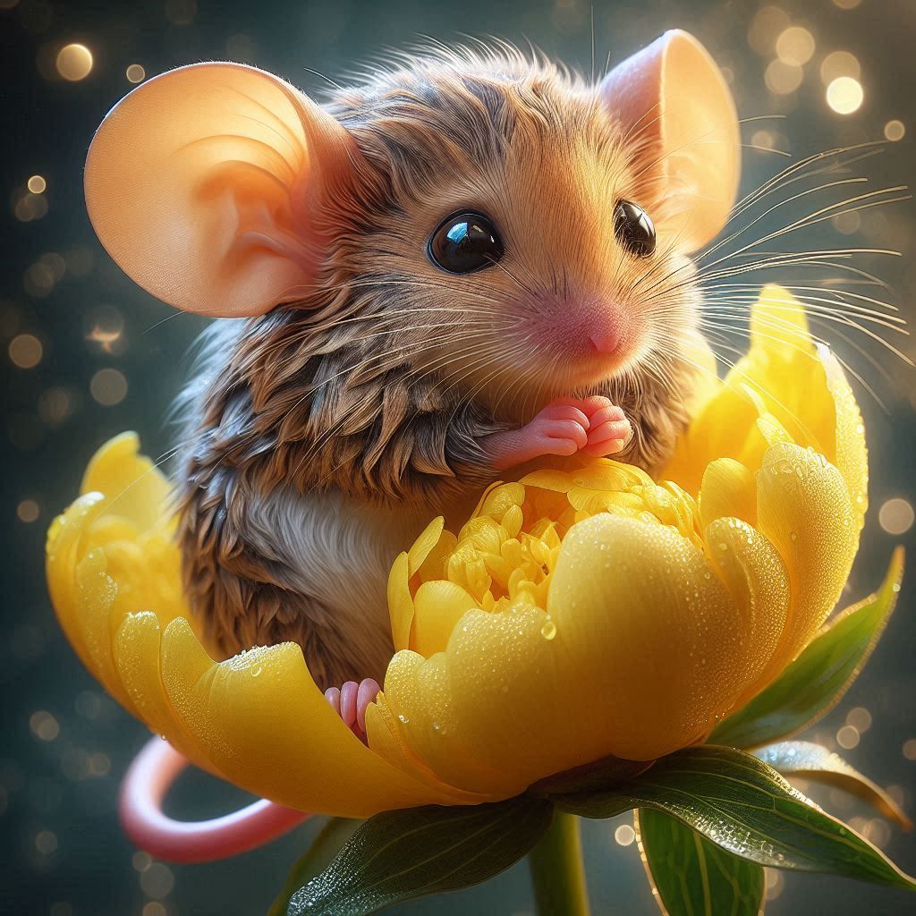 Cute Little Mouse in a yellow Flower