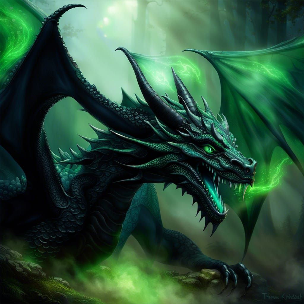 Majestic black dragon with iridescent green accents& green eyes ...