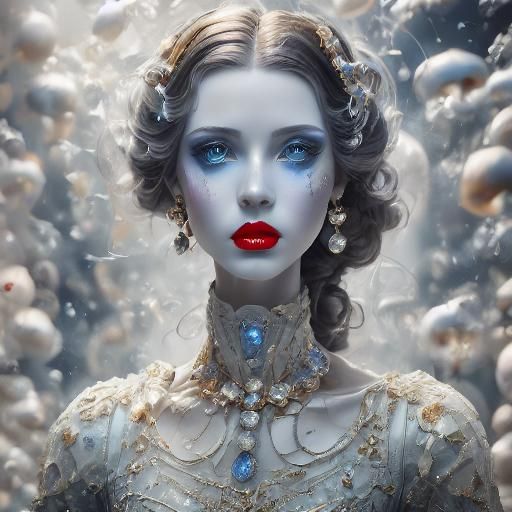 A stunning young  woman  <lora:Porcelain:1.0>, doll-like skin, bright red makeup, bright blue lips 